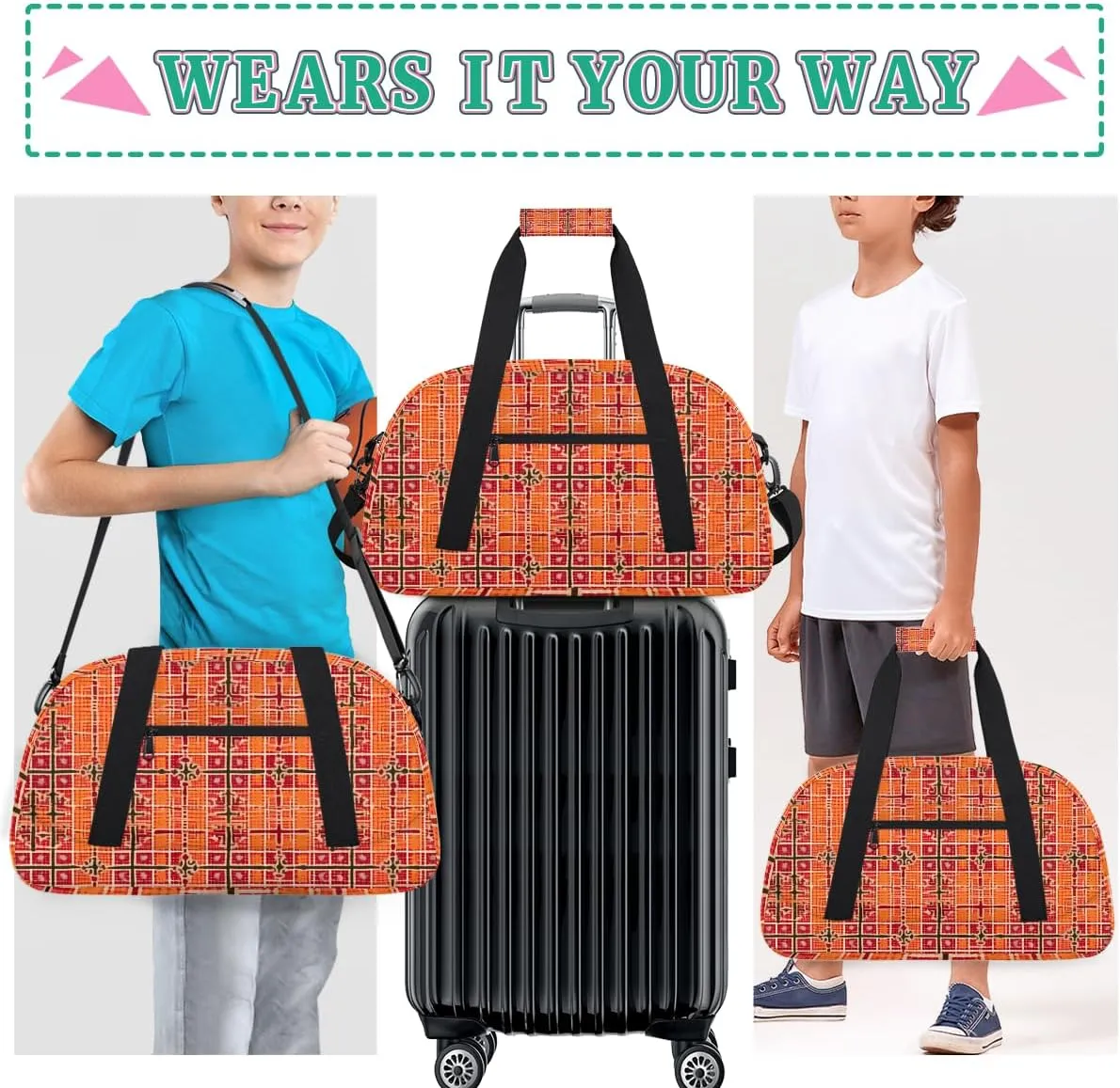 Fashion Plaid Kids Overnighter Duffel Bags for Boys, Carry-On Size Sports Gym Bag with Front Zipper Pocket for School Practice or Overnight Travel Weekender Sleepover Tote Bag