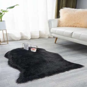 Faux Fur Black Sheepskin 2x3 Rug, Washable Ultra Soft Fluffy Shaggy Fuzzy Chair Cover Seat Pad Floor Area Rug for Living Bedroom Nursery Throw Kids Room