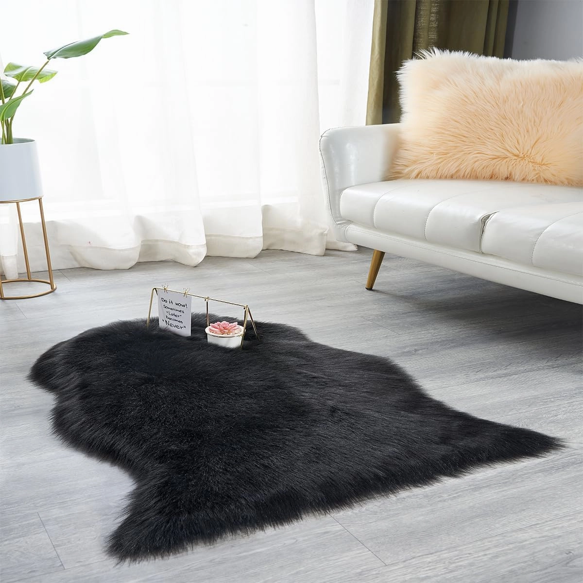 Faux Fur Black Sheepskin 2x3 Rug, Washable Ultra Soft Fluffy Shaggy Fuzzy Chair Cover Seat Pad Floor Area Rug for Living Bedroom Nursery Throw Kids Room