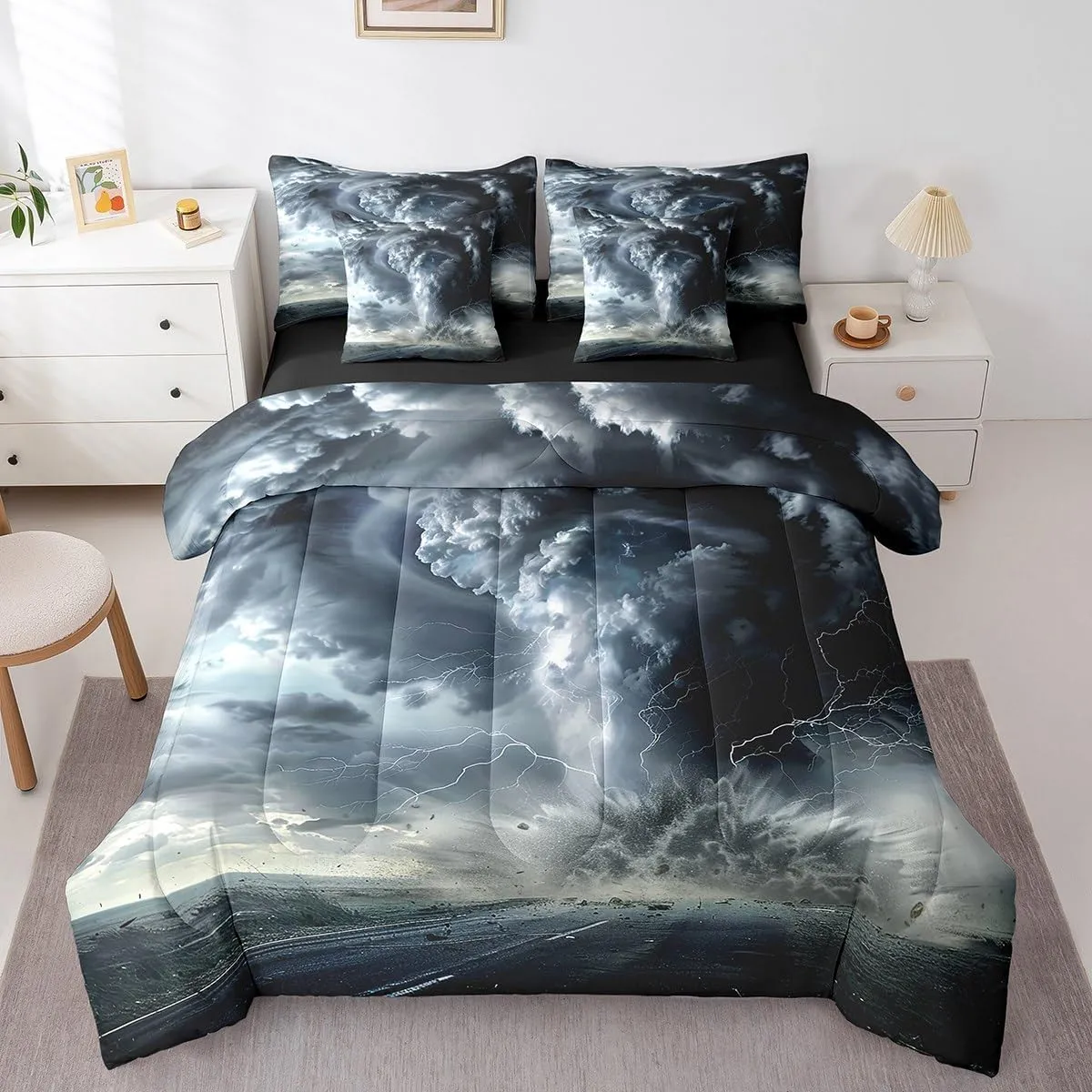 Feelyou Tornado Bedding Set Natural Disaster Bed in a Bag Scary Hurricane Comforter Set Twin Size 7 Pieces for Kids Boys Girls Lightning Bed Set with Comforter, Sheet Set, Pillowcases, Pillow Covers