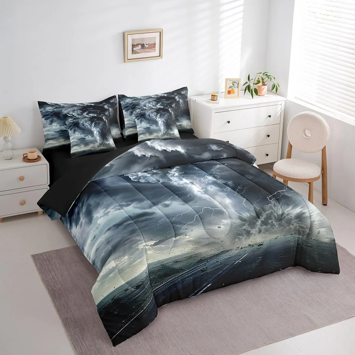 Feelyou Tornado Bedding Set Natural Disaster Bed in a Bag Scary Hurricane Comforter Set Twin Size 7 Pieces for Kids Boys Girls Lightning Bed Set with Comforter, Sheet Set, Pillowcases, Pillow Covers