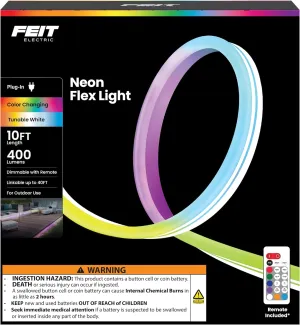 Feit Electric 10ft Outdoor Color & Tunable White Neon Flex Light, Dimmable, Bendable Strip with Remote Control, Chasing Effects, Plug-in, Linkable up to 20ft, Ideal for Decks & Patios, NF10/CHASE