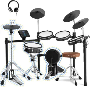 Fesley Electric Drum Set with Independent Hi-Hat Snare Drum: Full Size Electronic Drum Set with Mesh Dual Zone Drum Pad, Drum Set with Bluetooth MIDI Function, Throne, Headphones, Sticks, Black