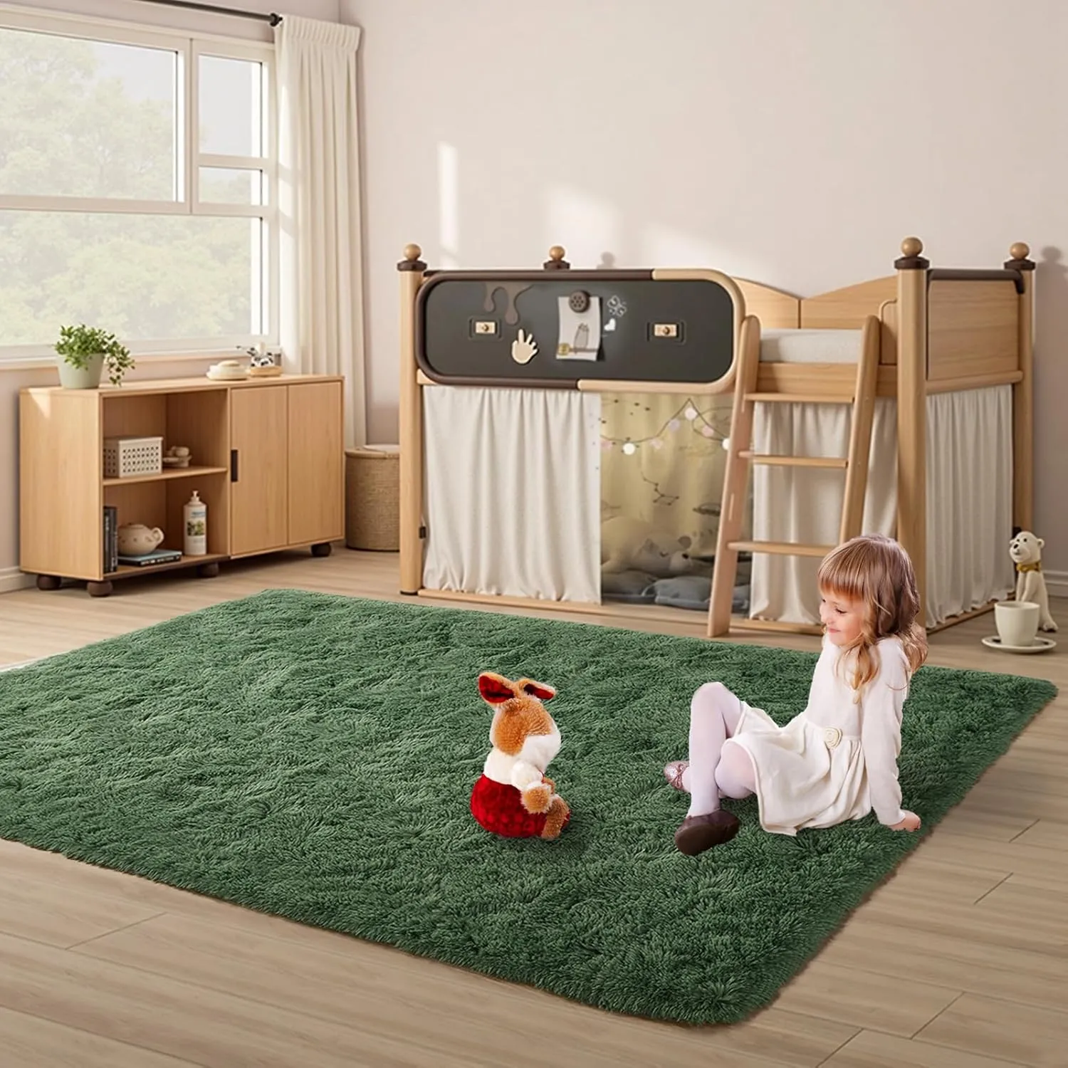 FinRèc Green Rugs for Living Room Bedroom, 3x5 Feet Fluffy Fuzzy Shag Rug, Non-Slip Furry Shaggy Area Rug for Nursery Kids Room Dorm Room Home Decor, Indoor Floor Carpet