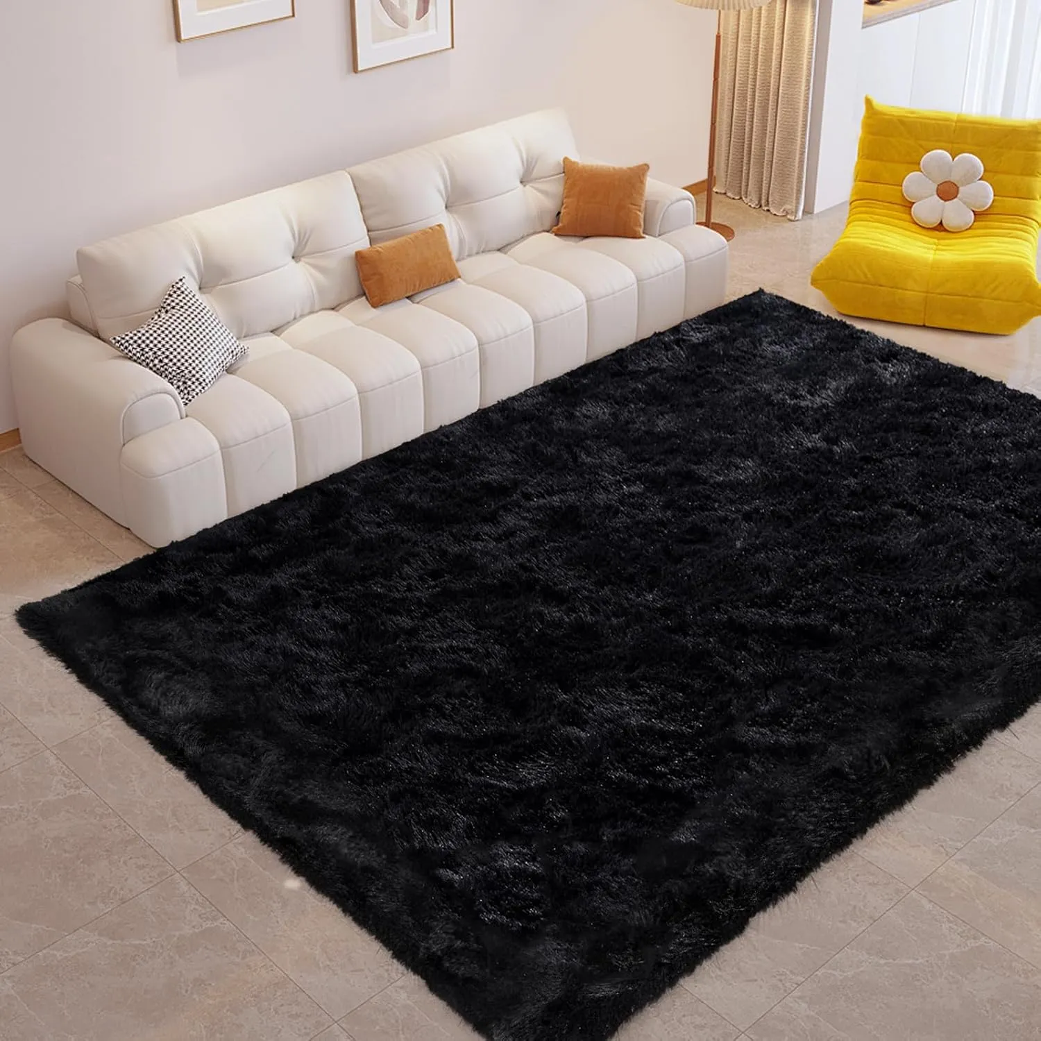 FinRèc Soft Black Rugs for Bedroom Living Room, 3x5 Feet Modern Indoor Fluffy Shaggy Area Rug, Non-Slip Fuzzy Furry Rug for Nursery Kids Room Dorm Room Home Decor, High Pile Plush Floor Carpet