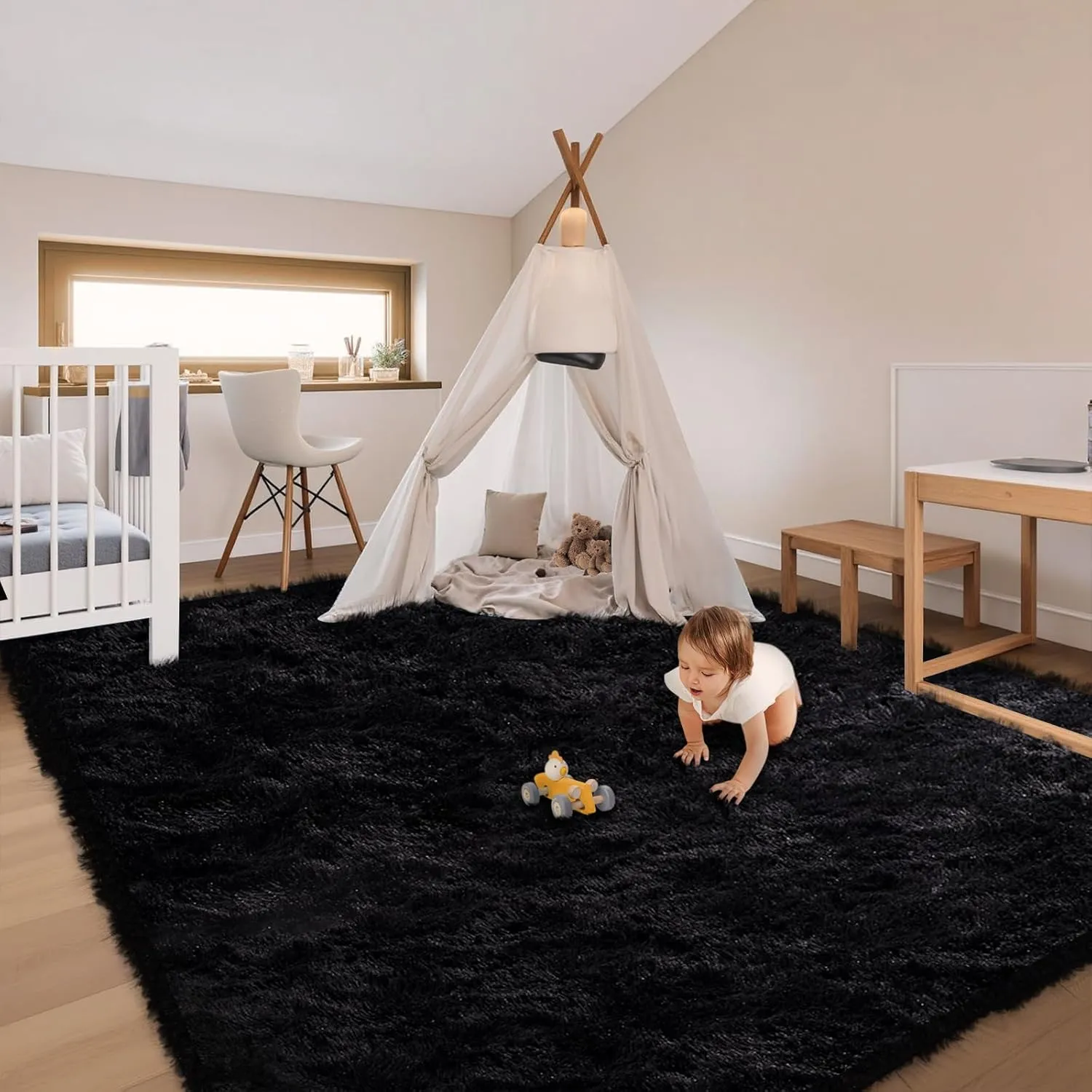 FinRèc Soft Black Rugs for Bedroom Living Room, 3x5 Feet Modern Indoor Fluffy Shaggy Area Rug, Non-Slip Fuzzy Furry Rug for Nursery Kids Room Dorm Room Home Decor, High Pile Plush Floor Carpet
