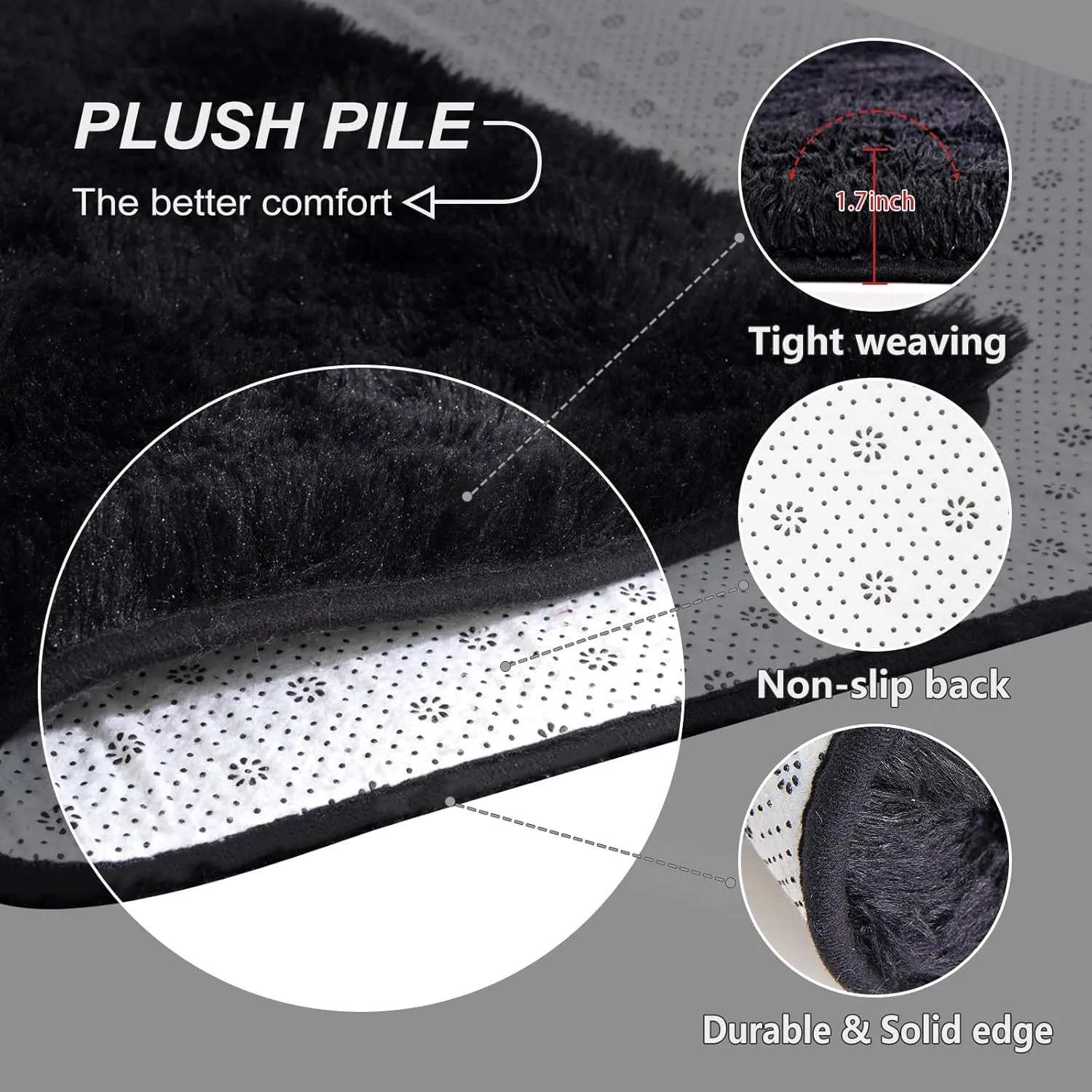FinRèc Soft Black Rugs for Bedroom Living Room, 3x5 Feet Modern Indoor Fluffy Shaggy Area Rug, Non-Slip Fuzzy Furry Rug for Nursery Kids Room Dorm Room Home Decor, High Pile Plush Floor Carpet