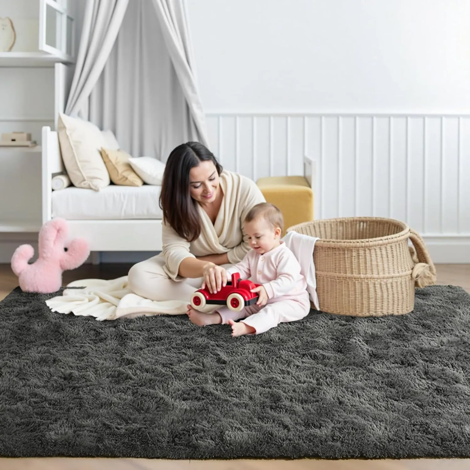 FinRèc Soft Dark Grey Rugs for Bedroom Living Room, 3x5 Feet Fuzzy Shaggy Area Rug, Non-Slip Fluffy Furry Shag Rug for Nursery Kids Room Dorm Room Home Decor, Indoor Plush Floor Carpet
