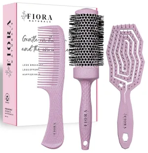 Fiora Naturals Bio-friendly Hair Detangler, Round Brush, and Comb Set for Women - All Hair Types: Natural, Fine & Curly - Ideal for Detangling and Blow Drying