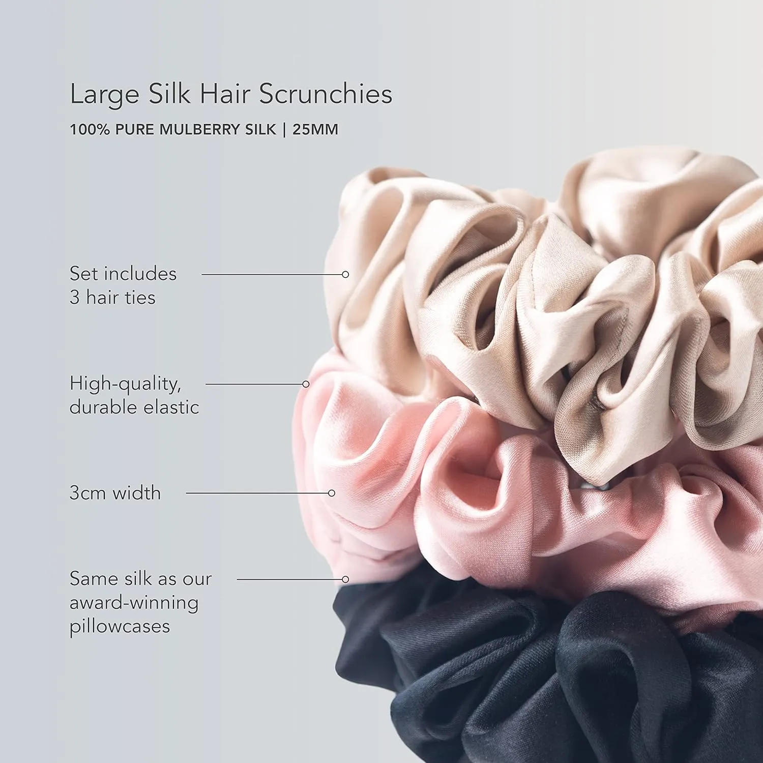 Fishers Finery 25 Momme Pure Mulberry Silk Large Scrunchies - Hair Tie Set for Curly Hair, No Creasing (Natural White- 3 PK)