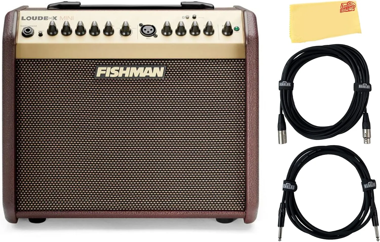Fishman Loudbox Mini Guitar Combo Amplifier Bundle with XLR Cable, Instrument Cable, and Austin Bazaar Polishing Cloth