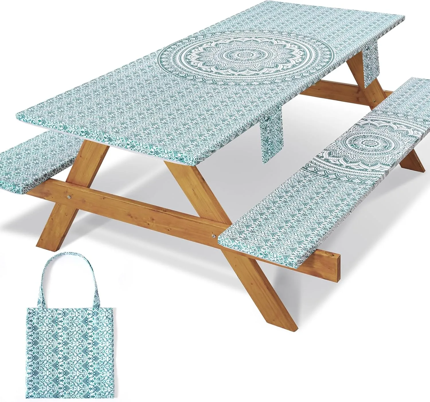 Fitted 6Ft Picnic Table Cover with Chair Covers Elastic Polyester Stain Resistant Reusable Camping Table Cloth Patio Glamping Equipment Hiking Rv Outdoor Necessities Gifts for Grandma Grandpa