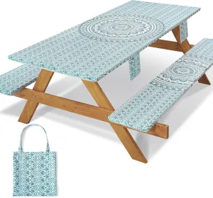 Fitted 6Ft Picnic Table Cover with Chair Covers Elastic Polyester Stain Resistant Reusable Camping Table Cloth Patio Glamping Equipment Hiking Rv Outdoor Necessities Gifts for Grandma Grandpa
