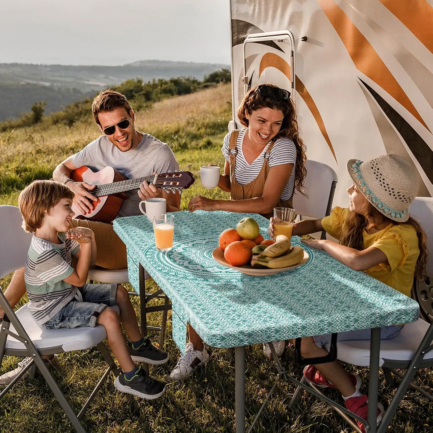 Fitted 6Ft Picnic Table Cover with Chair Covers Elastic Polyester Stain Resistant Reusable Camping Table Cloth Patio Glamping Equipment Hiking Rv Outdoor Necessities Gifts for Grandma Grandpa