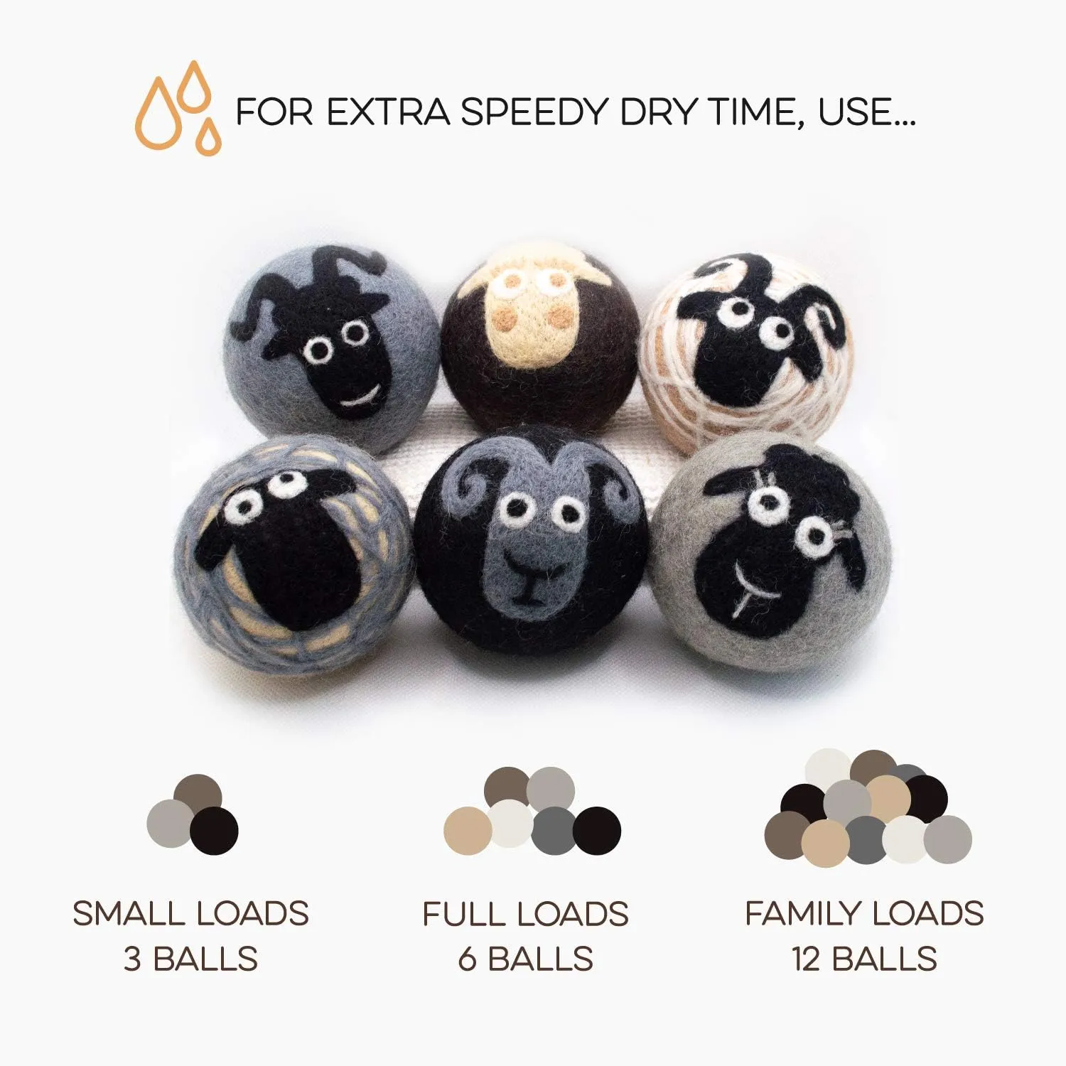 Fluff Ewes Wool Dryer Balls 6 Pack Premium New Zealand Wool Laundry Balls for Dryer, No Static Dryer Balls Laundry Reusable, XL Wool Dryer Balls Cute, Baby Dryer Balls for Dryers - Classic