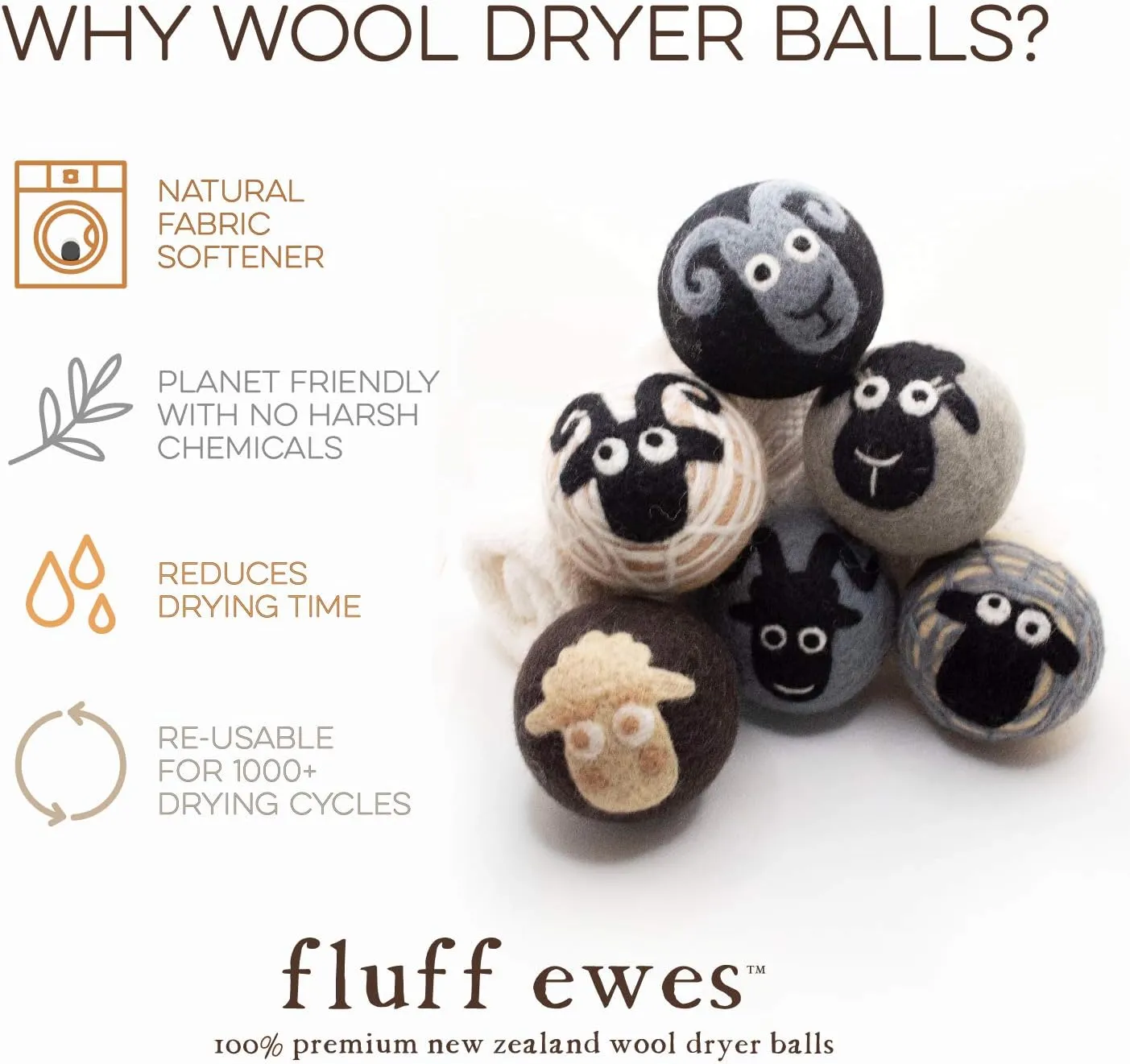 Fluff Ewes Wool Dryer Balls 6 Pack Premium New Zealand Wool Laundry Balls for Dryer, No Static Dryer Balls Laundry Reusable, XL Wool Dryer Balls Cute, Baby Dryer Balls for Dryers - Classic