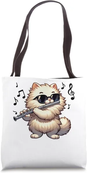 Fluffy Kitten Musical Flute Musician Music Lover Cat Tote Bag