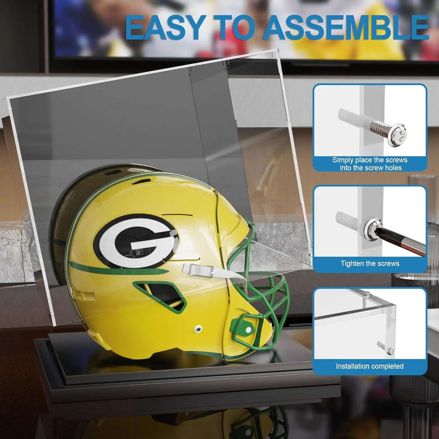 Football Helmet Display Case Full Size with Mirror Back and Black Metal Grooved Base Stackable Dustproof Clear Acrylic Display Case for Basketball Sports Memorabilia