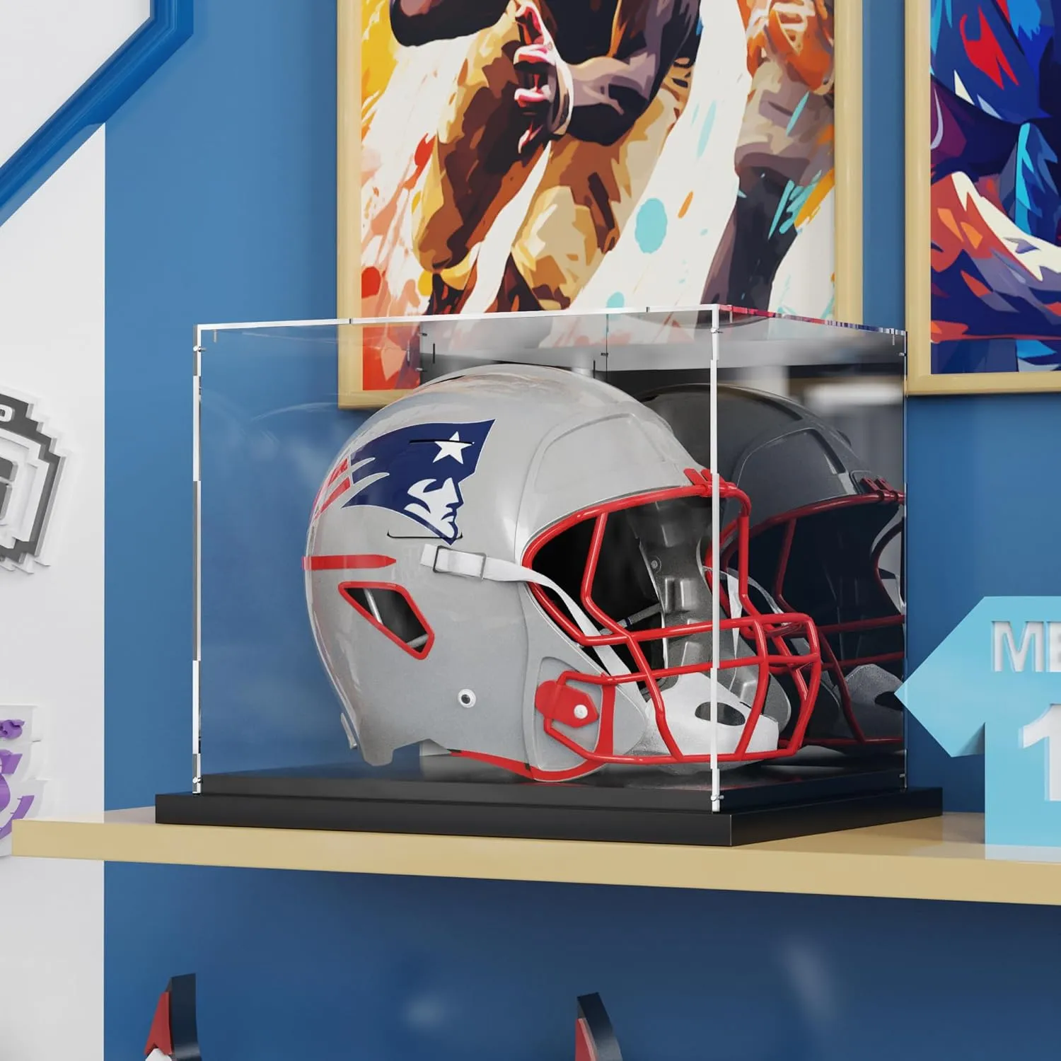 Football Helmet Display Case Full Size with Mirror Back and Black Metal Grooved Base Stackable Dustproof Clear Acrylic Display Case for Basketball Sports Memorabilia