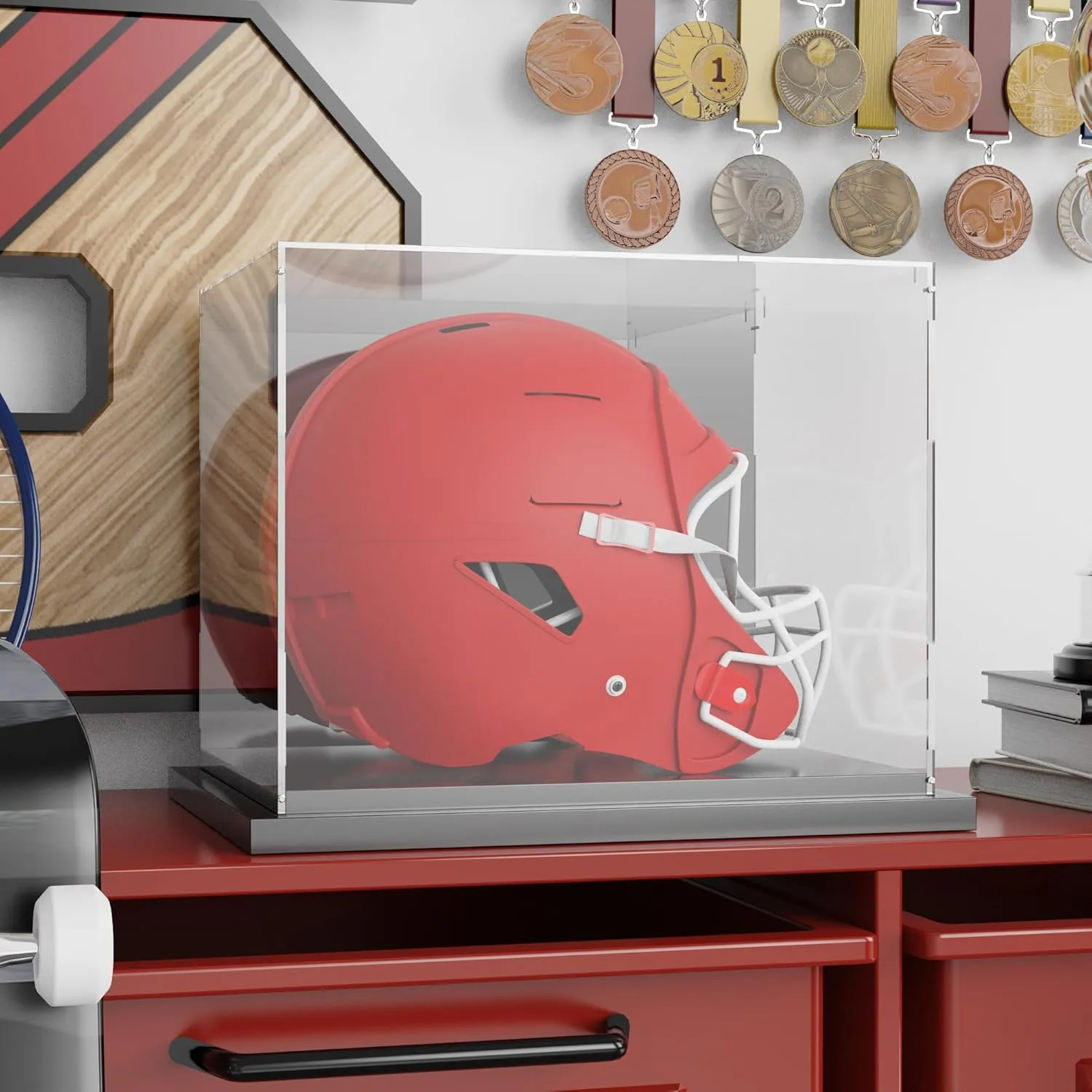 Football Helmet Display Case Full Size with Mirror Back and Black Metal Grooved Base Stackable Dustproof Clear Acrylic Display Case for Basketball Sports Memorabilia