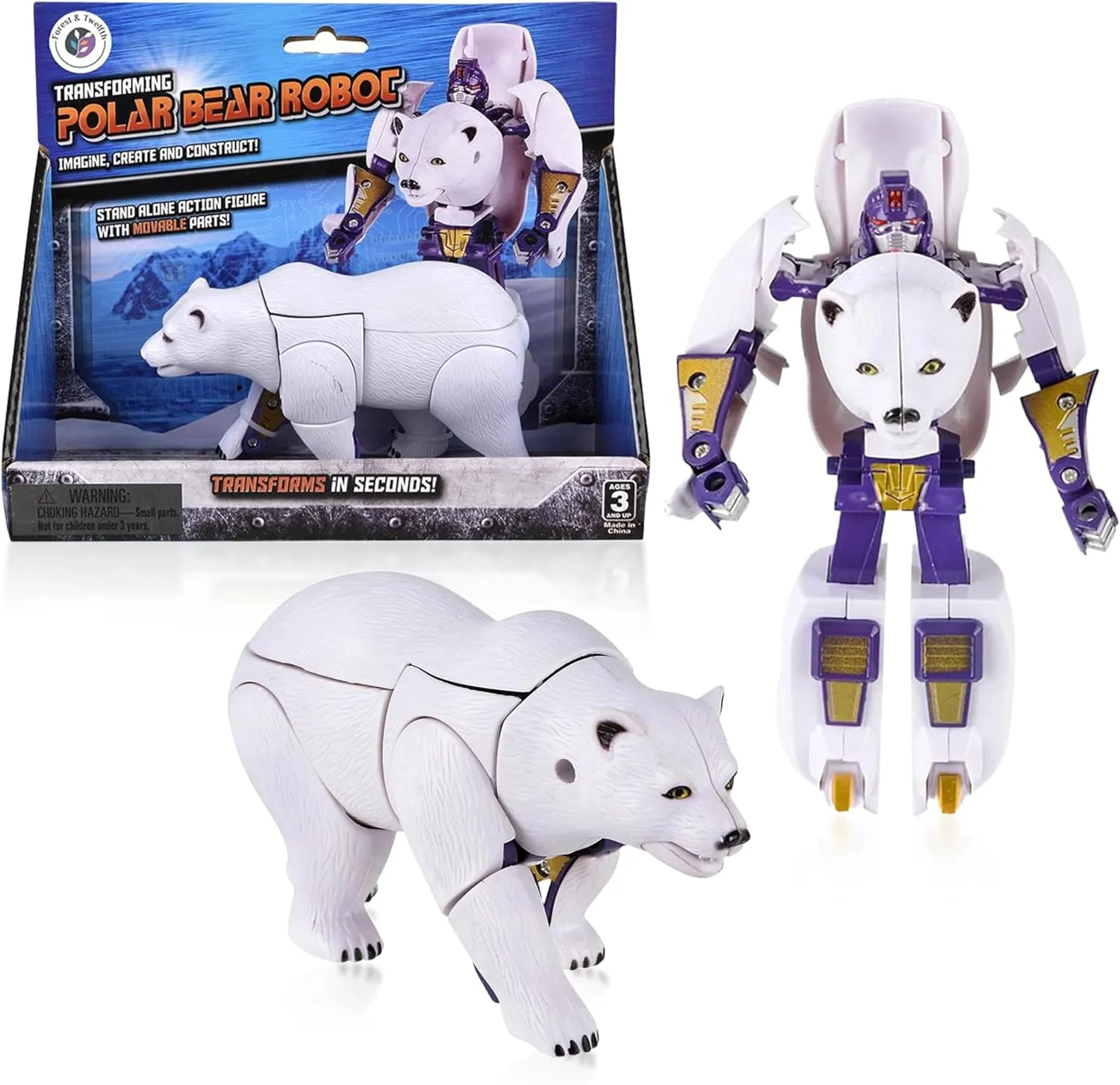 Forest & Twelfth 5" Polar Bear Jungle Animal Toys – Transforming Action Figure – Changes from a Detailed Animal to a Unique Robot Toy in Seconds Great Gift for Both Girls and Boys (5" Polar Bear)