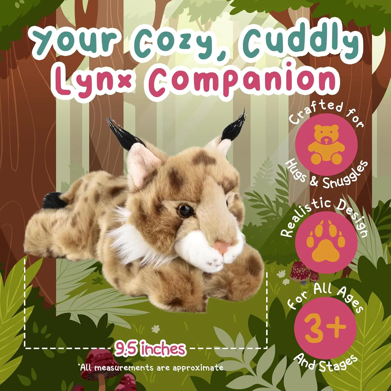 Forest & Twelfth 9.5" Lynx Laying Stuffed Animal, Lifelike Soft Plush Toy for Cuddles, Bedtime, Play, Huggable Plushie for Sleeping, Home Décor, Snuggly Gift for Kids (Lynx)