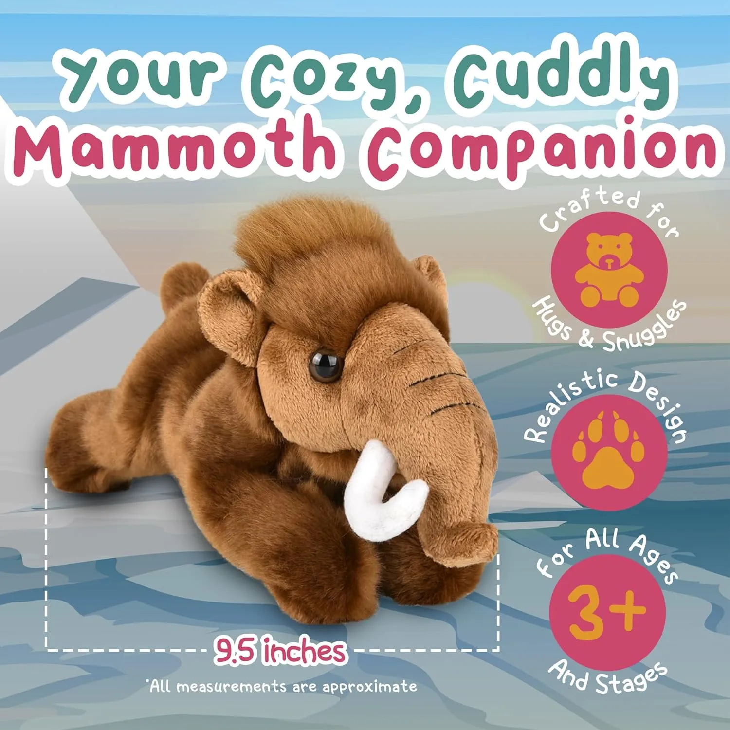Forest & Twelfth 9.5" Mammoth Laying Stuffed Animal, Lifelike Soft Plush Toy for Cuddles, Bedtime, Play, Huggable Plushie for Sleeping, Home Décor, Snuggly Gift for Kids (Mammoth)