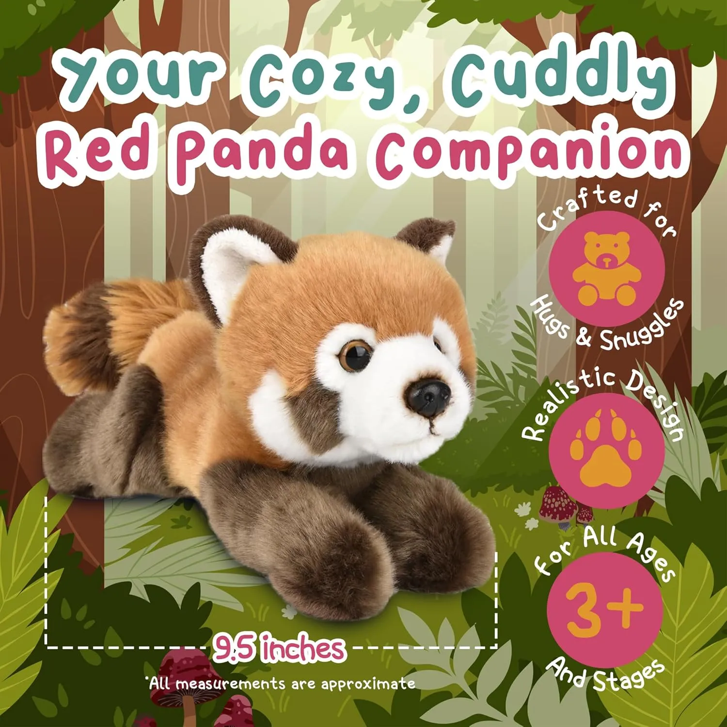 Forest & Twelfth 9.5" Red Panda Laying Stuffed Animal, Lifelike Plush Toy for Cuddles, Bedtime, Play, Huggable Plushie for Sleeping, Home Décor, Snuggly Gift for Kids (Red Panda)