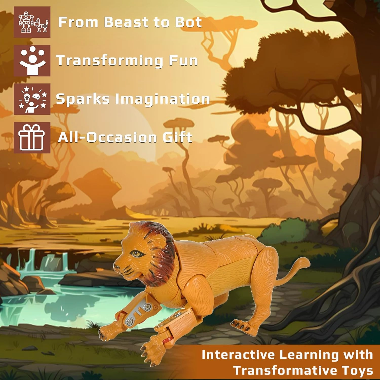 Forest & Twelfth Lion Jungle Animal Toy Transforming Action Figure Changes from Detailed Lion to Unique Robot Toy in Seconds Great Gift for Both Girls and Boys (5")