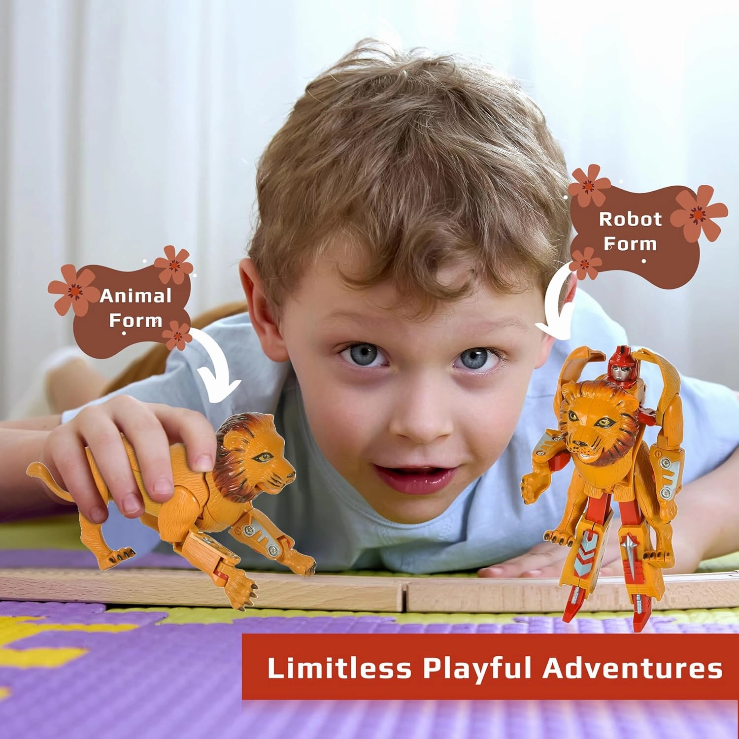 Forest & Twelfth Lion Jungle Animal Toy Transforming Action Figure Changes from Detailed Lion to Unique Robot Toy in Seconds Great Gift for Both Girls and Boys (5")