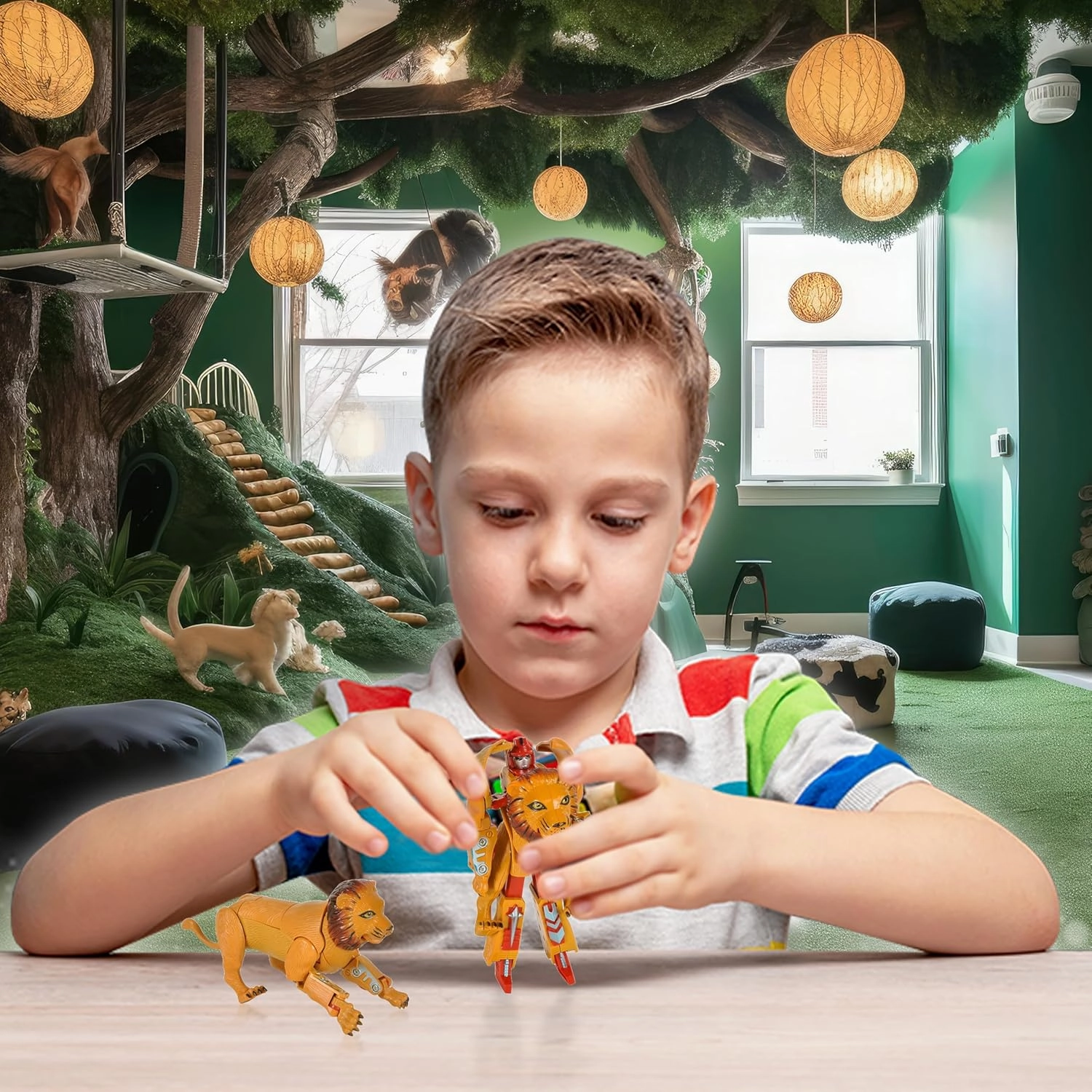Forest & Twelfth Lion Jungle Animal Toy Transforming Action Figure Changes from Detailed Lion to Unique Robot Toy in Seconds Great Gift for Both Girls and Boys (5")