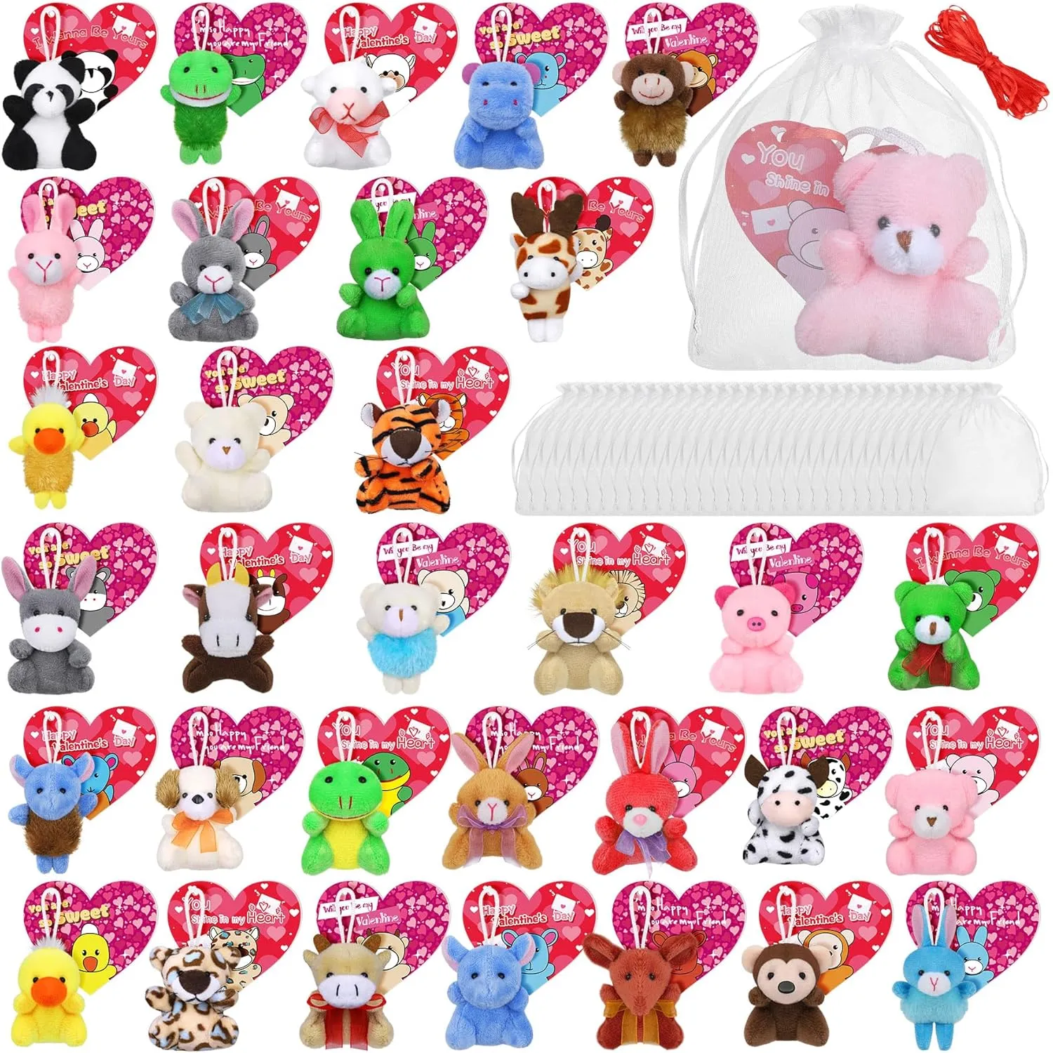 Fovths 32 Packs Valentine's Day Mini Stuffed Animal with Heart Cards Jungle Animals Plush Toy Keychain for Valentines Day Gifts School Classroom Exchange Game Prize Party Favors