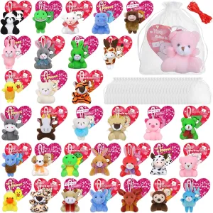 Fovths 32 Packs Valentine's Day Mini Stuffed Animal with Heart Cards Jungle Animals Plush Toy Keychain for Valentines Day Gifts School Classroom Exchange Game Prize Party Favors