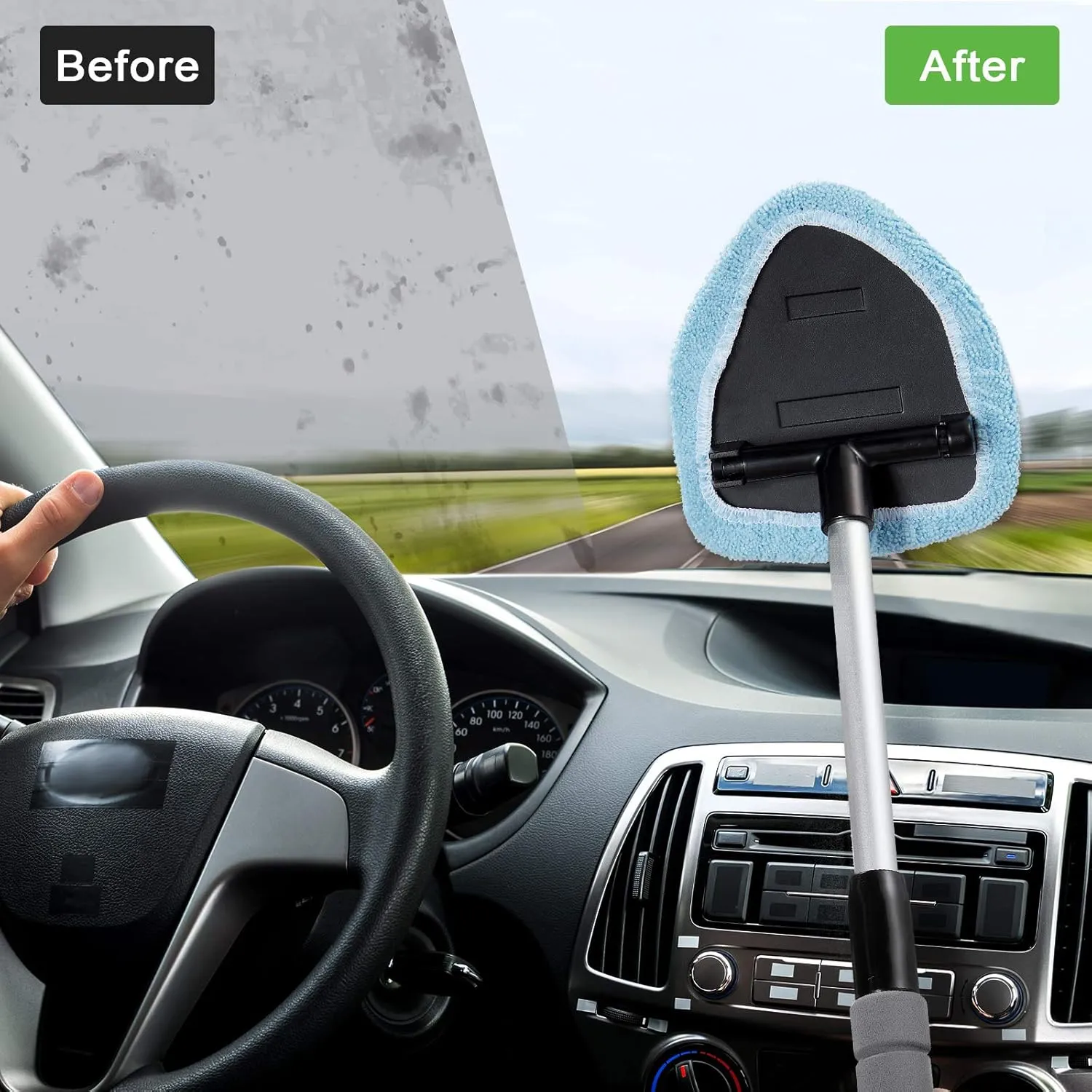 Frienda 2 Sets Windshield Cleaning Tool Car Window Cleaner with Detachable Handle, 6 Pieces Reusable Cloth Pads and 2 Pieces Spray Bottles Windshield Cleaner Tool for Car Interior(Blue Green Gray)