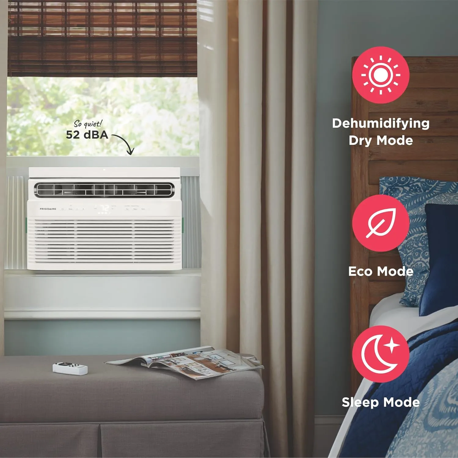 Frigidaire 5,000 BTU Window Air Conditioner with Remote Control, Cools Up to 150 Sq. Ft., Quiet Operation, Eco Mode, 3 Fan Speeds, Auto Restart, White