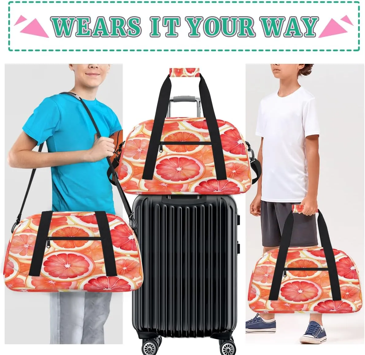 Fruit Grapefruit Kids Overnighter Duffel Bags for Boys, Carry-On Size Sports Gym Bag with Front Zipper Pocket for School Practice or Overnight Travel Weekender Sleepover Tote Bag