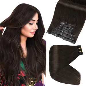 Full Shine Seamless Clip in Hair Extensions Darkest Brown Human Hair Straight 12 Inch & 20 Inch Total 8 Pieces