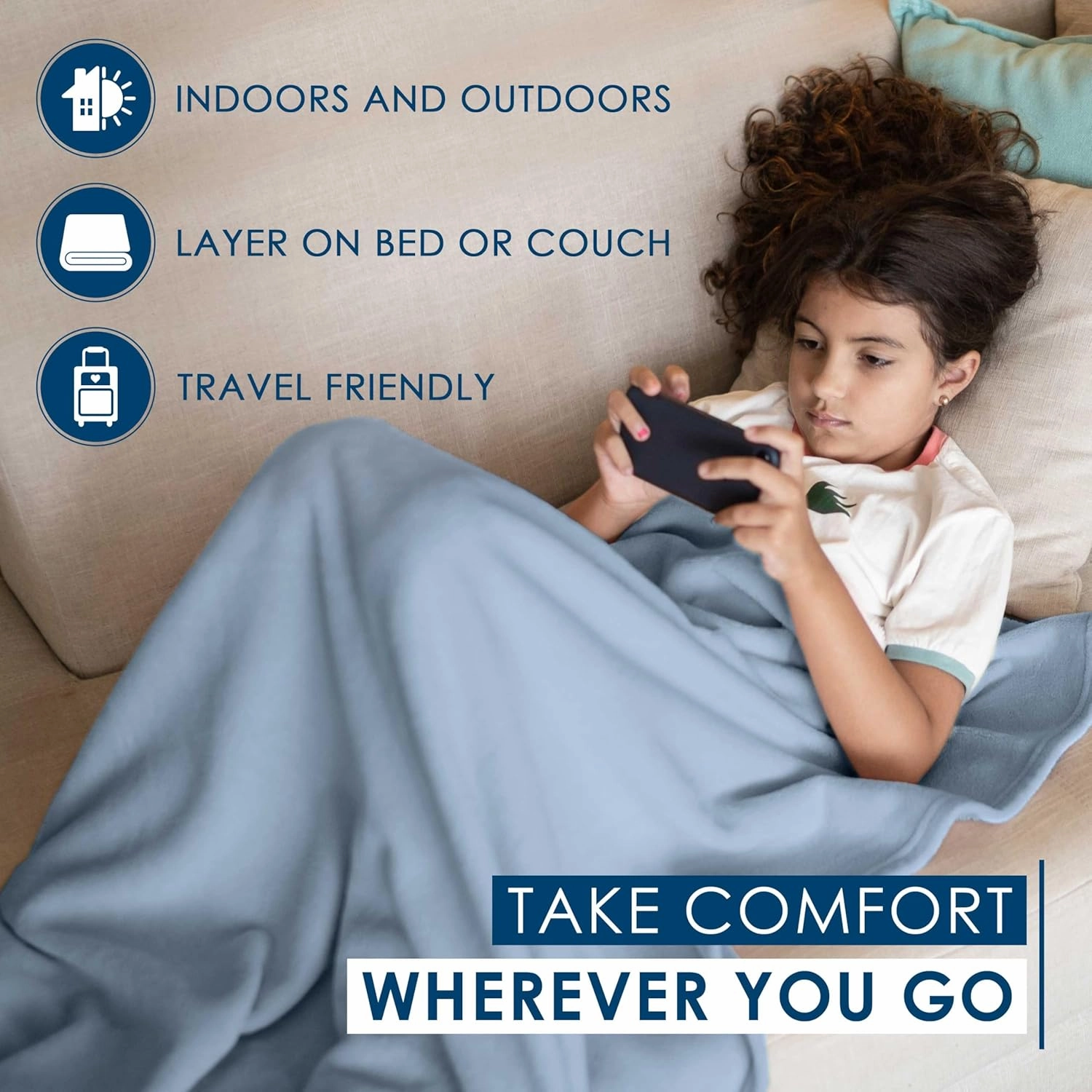 Full/Queen Size Fleece Blanket | Comfy Supersoft Fleece Blanket Full Size – All-Season Light Weight Throw Blanket | Luxuriously Soft | Throw Blanket for Couch and Sofa | Machine Wash | Blue