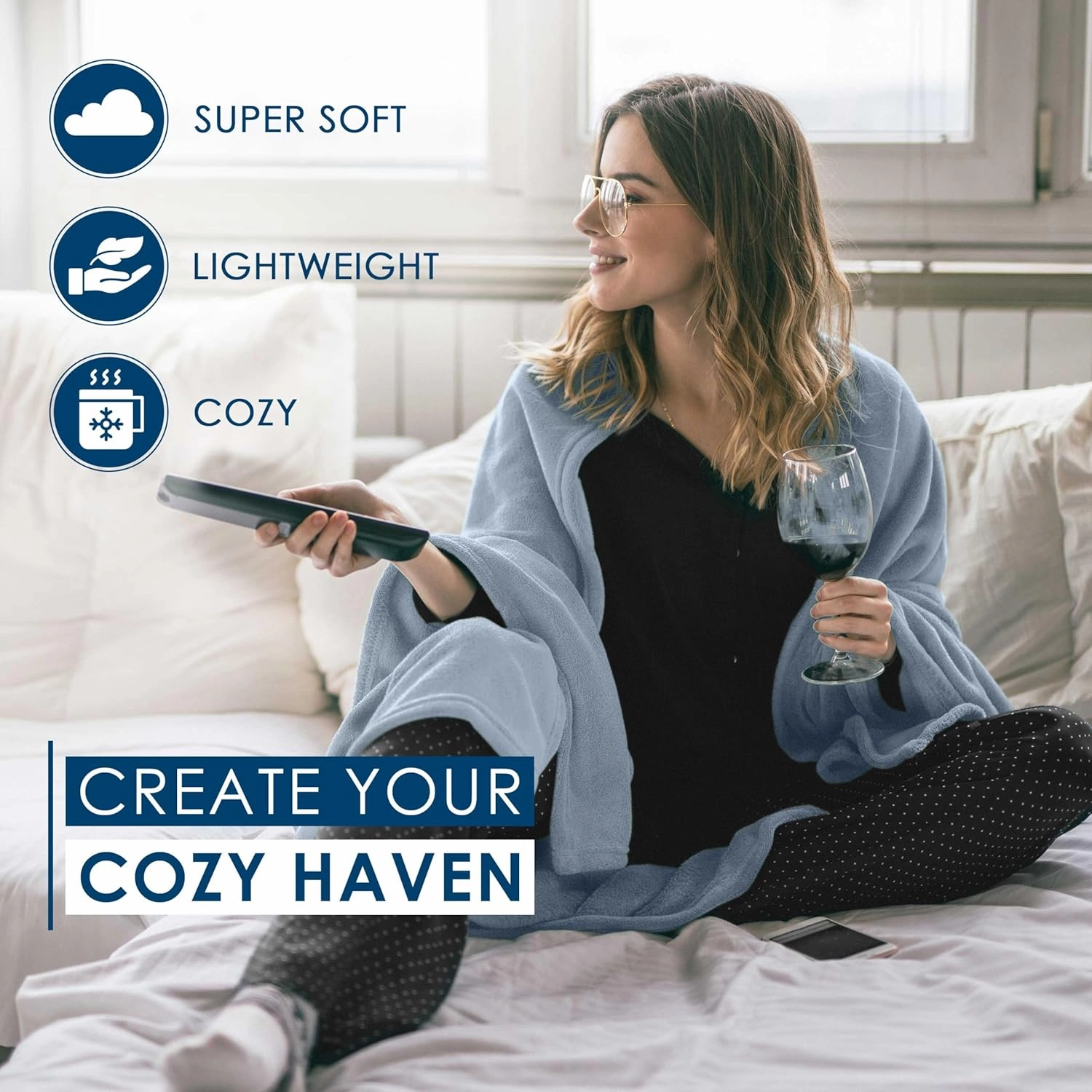 Full/Queen Size Fleece Blanket | Comfy Supersoft Fleece Blanket Full Size – All-Season Light Weight Throw Blanket | Luxuriously Soft | Throw Blanket for Couch and Sofa | Machine Wash | Blue