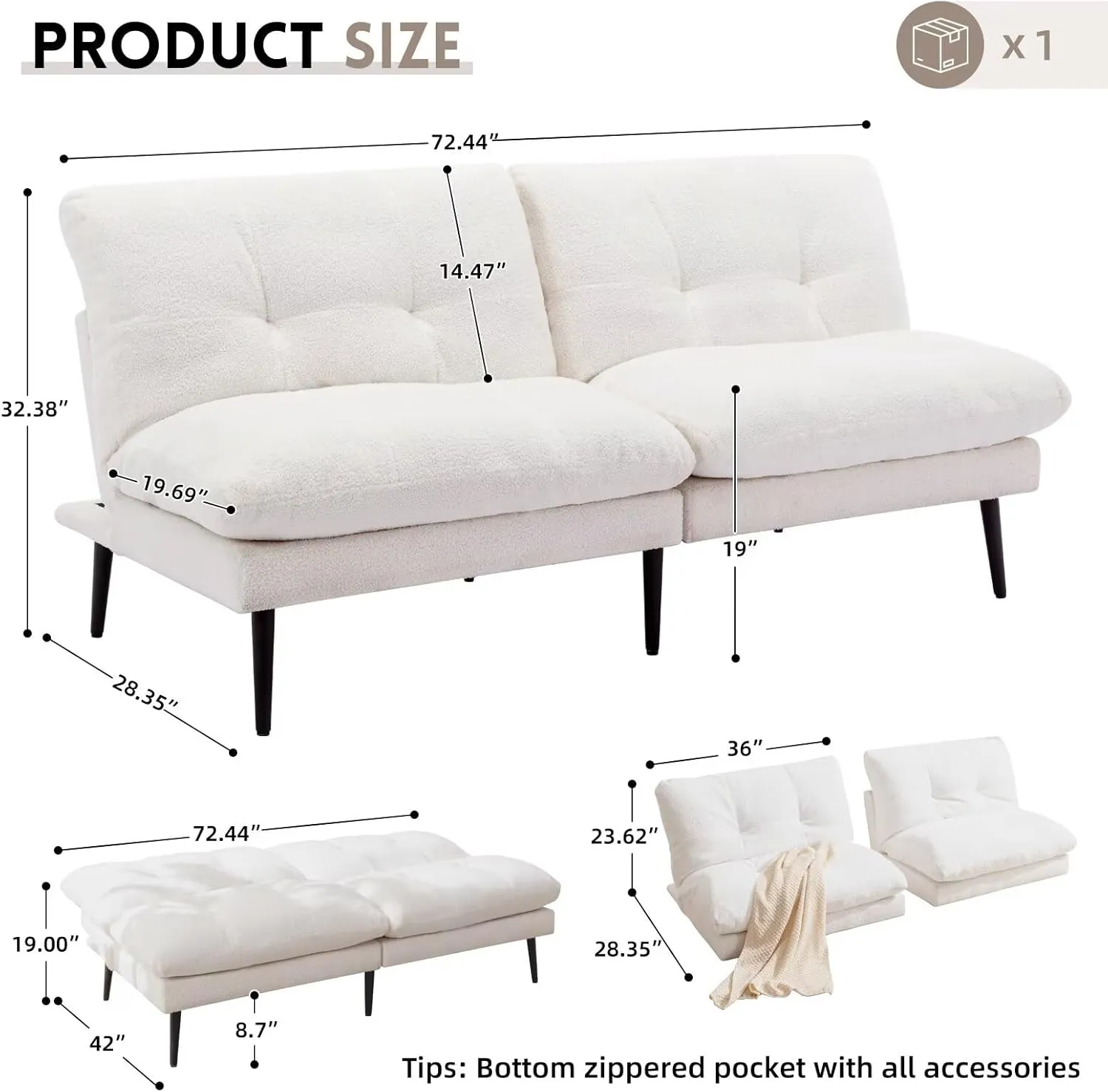 Futon Sofa Bed, Convertible Sleeper Futon Couch Adjustable Backrest Loveseat Small Couch Bed Splitback Modern Sofa for Apartment, Living Room, Bedroom, Office, Beige