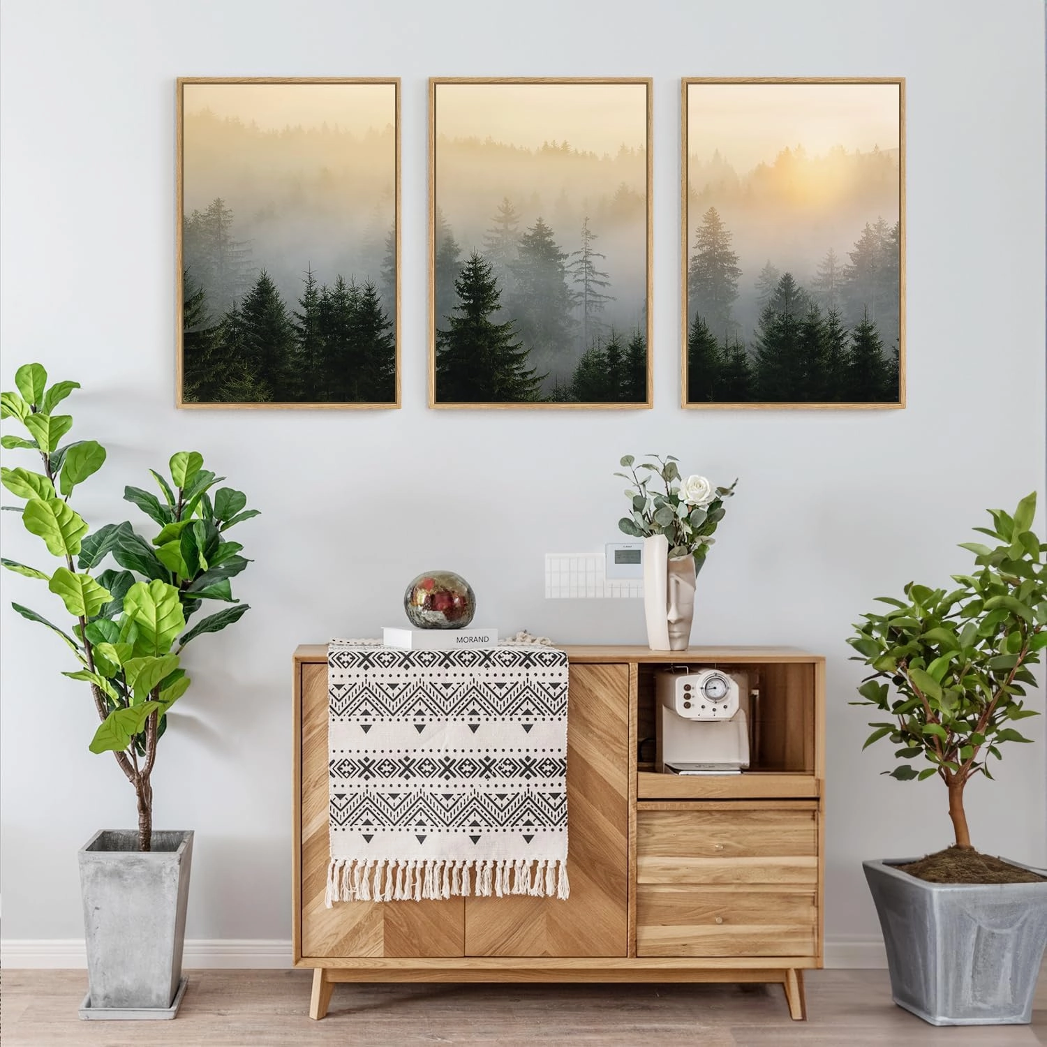 FWIEXA Misty Forest Wall Art Set Framed, Large Mountains Canvas Wall Decor, Green Nature Wall Painting, Foggy Tree Landscape Artwork 3 Panel 16x24 Inches for Living Room, Bedroom, Office, Gift