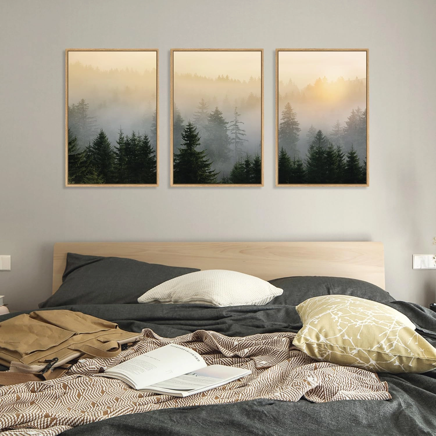 FWIEXA Misty Forest Wall Art Set Framed, Large Mountains Canvas Wall Decor, Green Nature Wall Painting, Foggy Tree Landscape Artwork 3 Panel 16x24 Inches for Living Room, Bedroom, Office, Gift