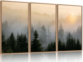FWIEXA Misty Forest Wall Art Set Framed, Large Mountains Canvas Wall Decor, Green Nature Wall Painting, Foggy Tree Landscape Artwork 3 Panel 16x24 Inches for Living Room, Bedroom, Office, Gift