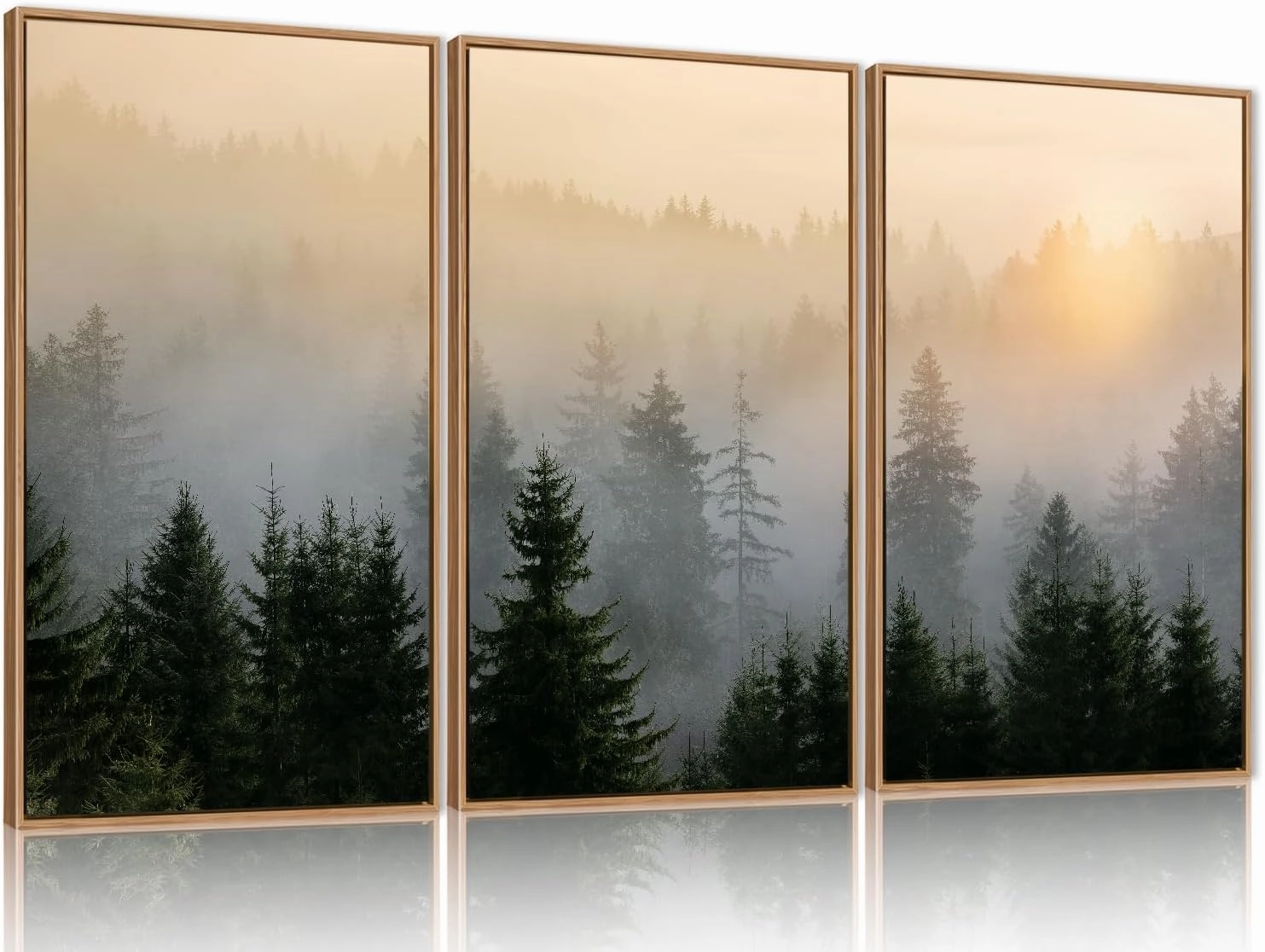 FWIEXA Misty Forest Wall Art Set Framed, Large Mountains Canvas Wall Decor, Green Nature Wall Painting, Foggy Tree Landscape Artwork 3 Panel 16x24 Inches for Living Room, Bedroom, Office, Gift