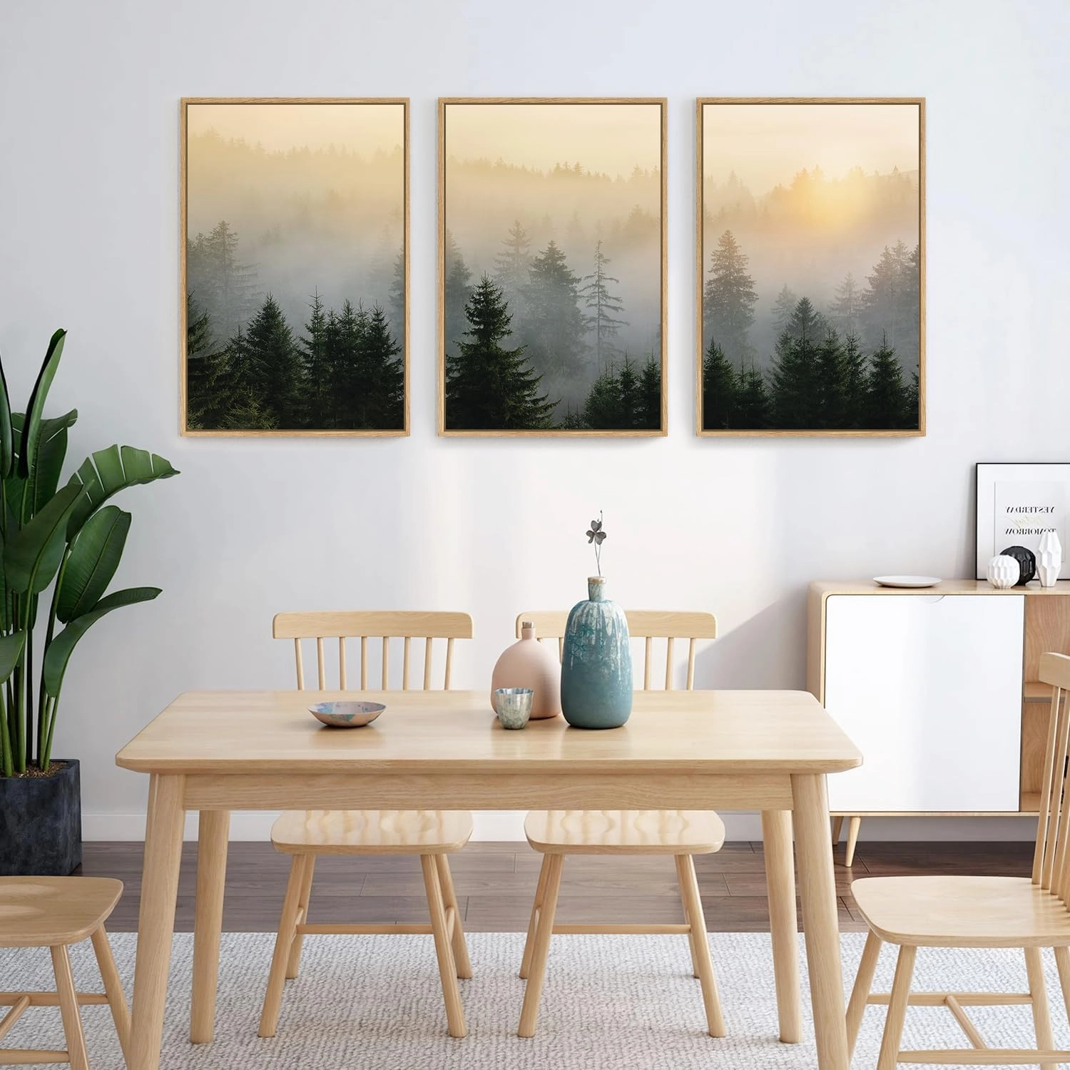 FWIEXA Misty Forest Wall Art Set Framed, Large Mountains Canvas Wall Decor, Green Nature Wall Painting, Foggy Tree Landscape Artwork 3 Panel 16x24 Inches for Living Room, Bedroom, Office, Gift