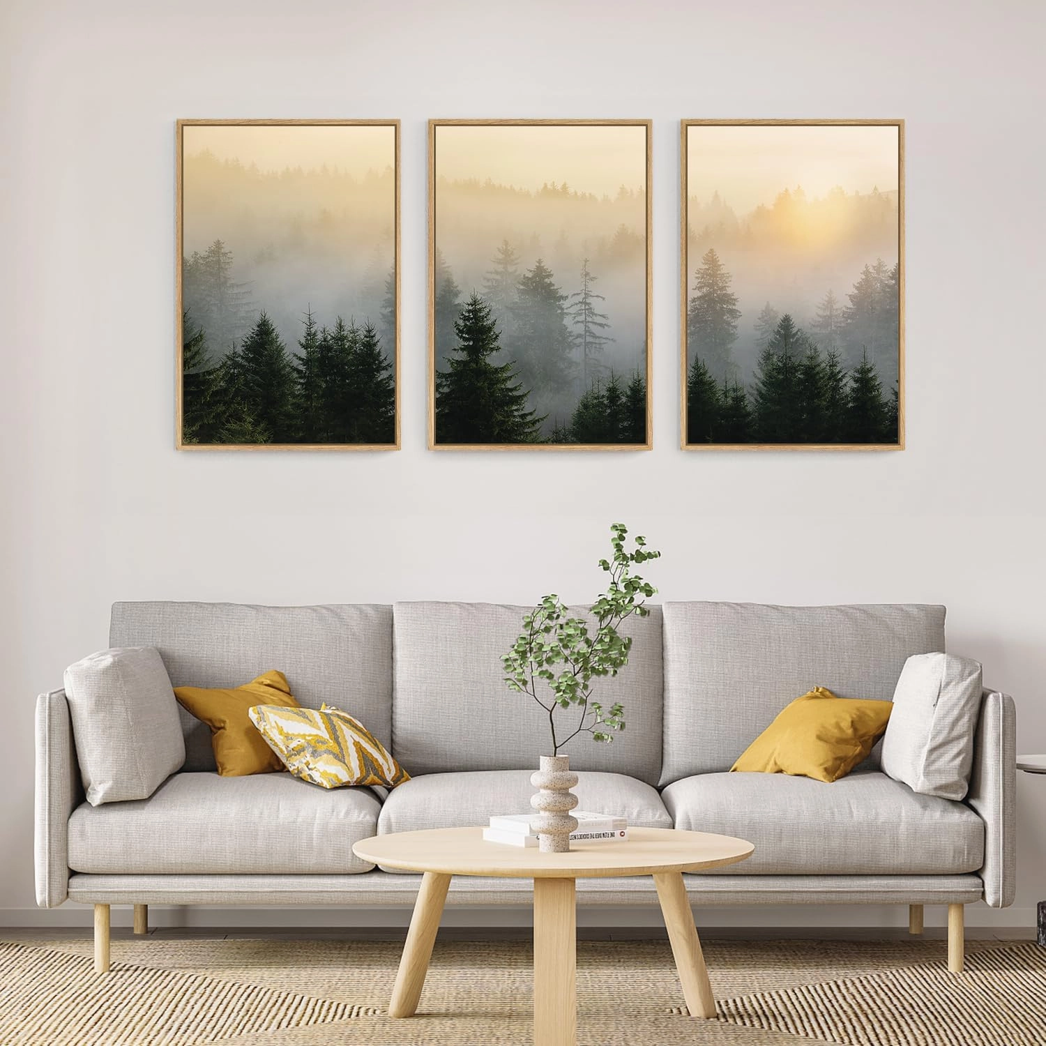 FWIEXA Misty Forest Wall Art Set Framed, Large Mountains Canvas Wall Decor, Green Nature Wall Painting, Foggy Tree Landscape Artwork 3 Panel 16x24 Inches for Living Room, Bedroom, Office, Gift