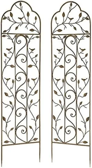 Gardman Aged Bronze Nature Trellis Set – 58” H, Set of 2 Decorative Garden Trellises with Leaf, Twig & Bird Design – Metal Trellis for Climbing Plants & Vines, Outdoor Plant Support