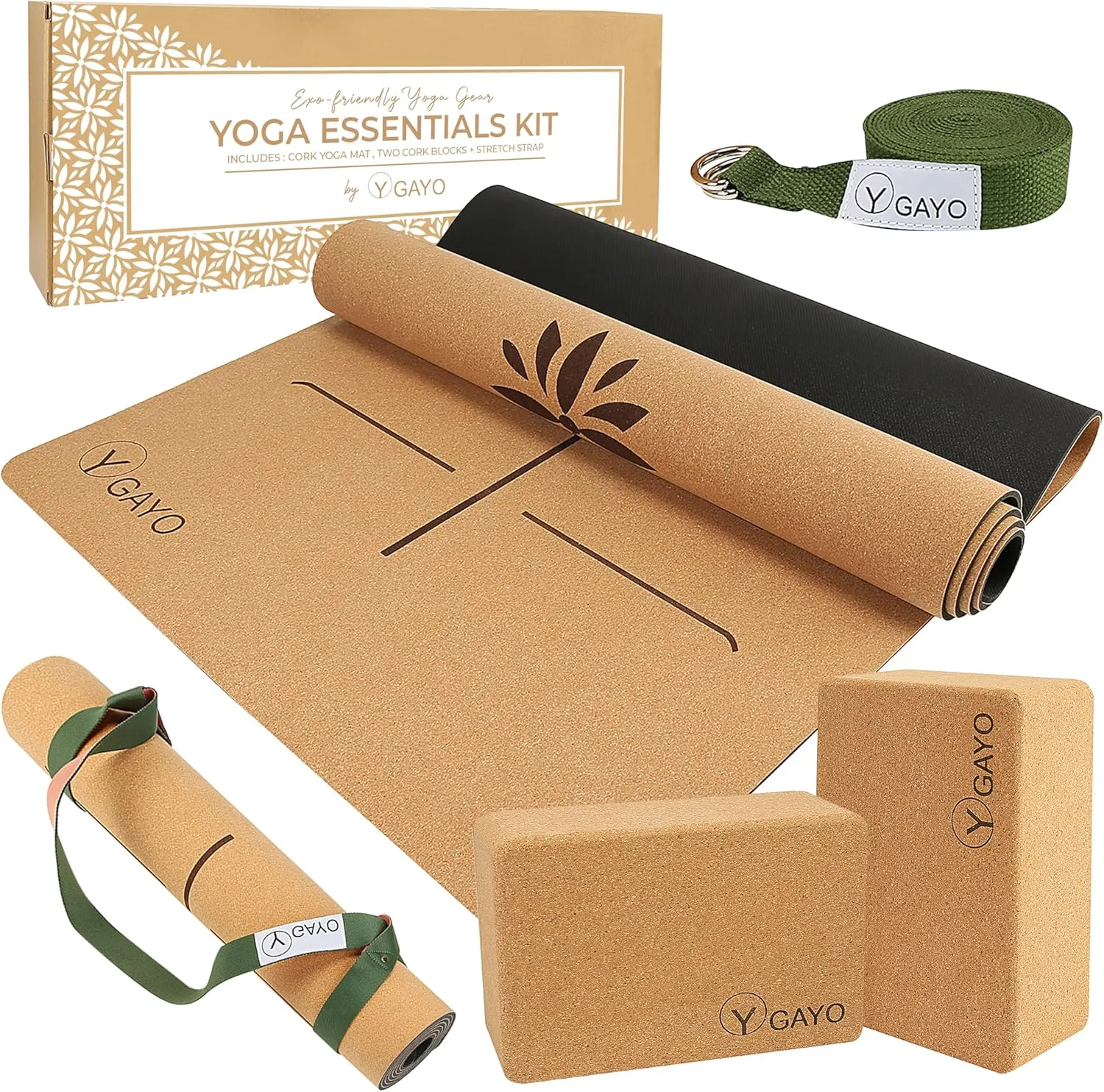 Gayo Premium Cork All-in-One Yoga Essentials Kit -Large Cork Yoga Mat and Blocks Set with Carry Strap and Alignment lines, 10ft Stretch Strap, Your Ultimate Eco-Friendly Starter Set