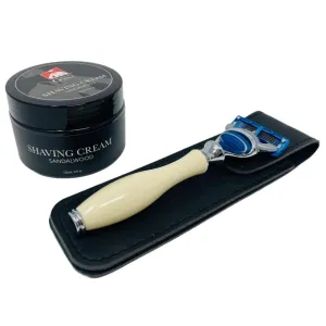 G.B.S Faux Ivory 5 Blade Compatible Razor Handle, 1 Refill Cartridge, Sandalwood Shave Cream, Leather Razor Case - Easy To Grip Handle, Shaving Kit, Gift Set Bundle