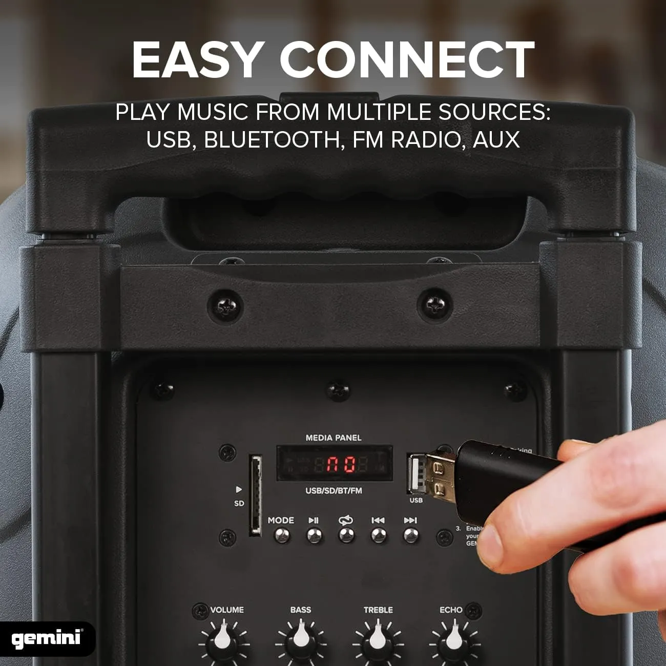 Gemini 10” 1000W Wireless Battery-Powered Bluetooth Speaker with Trolley Handle, Mic/Guitar Inputs & Echo – Mobile Sound System for Gigs, Classes & Street Performers